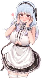  apron azur_lane bad_id bad_pixiv_id black_hairband blue_hair blush breasts brown_skirt center_frills clothing_cutout commentary dido_(azur_lane) female frilled_apron frills hairband heart highres hinen large_breasts oerba_yun_fang open_mouth shirt simple_background skin_fang skirt sleeveless sleeveless_shirt solo thighhighs underboob underboob_cutout waist_apron white_apron white_background white_shirt white_thighhighs yellow_eyes zettai_ryouiki 