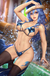  arm_up bikini black_thighhighs blue_bikini blue_eyes blue_hair blue_headwear blurry blurry_background body_markings breasts collarbone english_commentary fairy_tail female fur-trimmed_headwear fur_hat fur_trim hair_between_eyes hat heart_bikini juvia_lockser large_breasts long_hair mixed-language_commentary navel neoartcore o-ring o-ring_bikini paid_reward_available parted_lips patreon_username swimsuit thai_commentary thighhighs ushanka variant_set water 