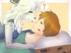  4:3 anthro duo eugeniy_g felid female human keidran kissing lipstick maeve_(twokinds) makeup male mammal maowo_(artist) morning pantherine snow_leopard twokinds 