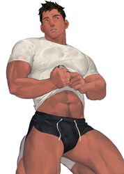  1boy abs bara black_shorts bulge clothes_lift covered_nipples dark-skinned_male dark_skin dolphin_shorts erection erection_under_clothes horikwawataru kneeling large_pectorals lifting_own_clothes male_focus midriff_peek muscular muscular_male navel navel_hair original pectorals see-through shirt shirt_lift short_hair short_shorts shorts simple_background solo stomach thick_thighs thighs tight_clothes tight_shirt wet wet_clothes wet_shirt white_background white_shirt 