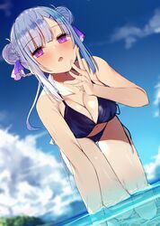  all_fours barefoot bikini blue_bikini blue_hair blunt_bangs blurry blurry_background blush braid breasts cleavage cloud cloudy_sky commentary_request day double_bun dutch_angle female finger_to_own_chin full_body hair_bun halterneck hand_up jitome kamizaki_hibana long_hair looking_at_viewer maid_girl_(kamizaki_hibana) medium_breasts navel open_mouth original outdoors partially_submerged partially_underwater_shot purple_eyes side-tie_bikini_bottom sidelocks sky solo string_bikini swimsuit thigh_gap wet 