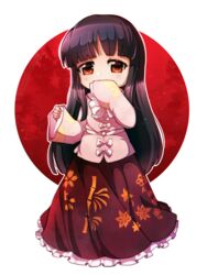  artist_name bamboo_print black_hair chibi dungeon_toaster female floral_print highres hime_cut houraisan_kaguya imperishable_night japanese_clothes kimono leaf_print light_smile long_hair long_skirt long_sleeves looking_at_viewer red_eyes red_skirt ribbon skirt smile solo touhou white_background wide_sleeves 