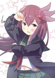  black_jacket blush brown_hair crescent crescent_pin female green_skirt hair_between_eyes jacket kantai_collection kisaragi_(kancolle) kisaragi_kai_ni_(kancolle) long_hair long_sleeves navel neckerchief open_mouth pleated_skirt purple_eyes red_neckerchief sanninme_no_haru school_uniform serafuku skirt solo starry_background twitter_username upper_body 