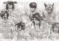  6+boys abs animal_ears bara bare_pectorals breath cat_ears crossed_arms draph erune eustace_(granblue_fantasy) facial_hair geisenborger granblue_fantasy greyscale headband highres isaac_(granblue_fantasy) male_focus mature_male medium_hair monochrome multiple_boys muscular muscular_male navel navel_hair nicholas_(granblue_fantasy) no_nipples pectorals petite reinhardtzar ryan_(granblue_fantasy) sauna sevilbarra short_hair sideburns size_difference steam stomach stubble sweat swept_bangs toned toned_male topless_male zanki 