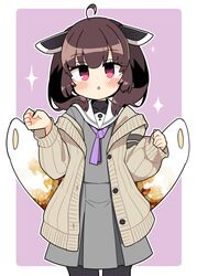  a.i._voice ahoge black_thighhighs blush bob_cut brown_cardigan brown_hair cardigan commentary cosplay cowboy_shot female food grey_serafuku grey_skirt headgear highres ini_(inunabe00) kiritanpo_(food) long_sleeves neckerchief open_cardigan open_clothes parted_lips pleated_skirt purple_neckerchief red_eyes sailor_collar school_uniform serafuku short_hair skirt solo thighhighs touhoku_kiritan vocaloid voiceroid white_sailor_collar yuzuki_yukari yuzuki_yukari_(cosplay) yuzuki_yukari_(shizuku) yuzuki_yukari_(shizuku)_(cosplay) 