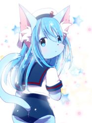  animal_ear_fluff animal_ears ass blue_eyes blue_fur blue_hair blue_tail blush body_fur cat_ears cat_girl cat_tail commentary_request female furry furry_female hat kemoribon looking_back original sailor_hat school_swimsuit school_uniform simple_background solo star_(symbol) swimsuit tail 