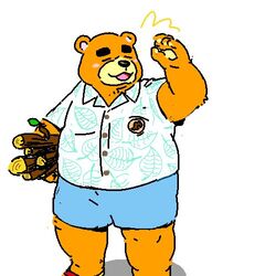  1:1 2020 animal_crossing anthro bear belly black_nose blush bottomwear closed_eyes clothing flip_flops footwear kemono low_res male mammal nintendo overweight overweight_anthro overweight_male pommn_mn sandals shirt shorts simple_background solo teddy_(animal_crossing) topwear white_background 