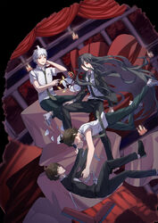  4boys absurdres ahoge belt black_belt black_footwear black_hair black_jacket black_necktie broken brown_eyes brown_hair brown_pants commentary crossed_legs crown curtains danganronpa_(series) danganronpa_2:_goodbye_despair danganronpa_3_(anime) dual_persona falling floating_hair green_necktie green_pants hand_on_own_neck hands_up highres hinata_hajime hinata_hajime_(awakened) jacket kamukura_izuru long_hair long_sleeves looking_at_another looking_at_viewer loose_necktie male_focus mini_crown multiple_boys necktie pants red_eyes scalpel shirt shoes short_hair short_sleeves sitting spoilers table unworn_crown very_long_hair white_footwear ziling 