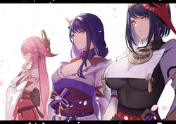  3girls absurdres animal_ears bare_shoulders bird_mask black_hair breasts cleavage closed_mouth detached_sleeves earrings falling_petals fox_ears genshin_impact gloves hair_ornament hand_on_own_chin highres japanese_clothes jewelry kimono kujou_sara large_breasts long_hair long_sleeves looking_at_viewer mask mask_on_head multiple_girls obi obiage obijime open_mouth parted_lips petals pink_hair pnatsu purple_eyes purple_hair raiden_shogun ribbon sash short_hair simple_background stroking_own_chin tassel vision_(genshin_impact) white_background wide_sleeves yae_miko yellow_eyes 