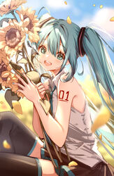  :d absurdres aqua_eyes aqua_hair aqua_necktie arm_tattoo black_skirt black_thighhighs blurry chinese_commentary clouble commentary depth_of_field female flower hair_between_eyes hatsune_miku highres holding holding_flower knee_up looking_at_viewer necktie open_mouth outdoors petals pleated_skirt shirt sitting skirt sleeveless sleeveless_shirt smile solo sunflower tattoo teeth thighhighs twintails vocaloid white_shirt yellow_flower 