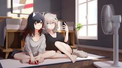  2girls ahoge alternate_costume animal_ear_fluff animal_ears arknights bad_neck barefoot black_hair black_shirt black_shorts blurry blurry_background cellphone colored_inner_hair commentary_request electric_fan feet food grey_hair hair_ornament hairclip highres holding holding_phone indian_style indoors korean_commentary lappland_(arknights) material_growth messy_hair mixed-language_commentary mouth_hold multicolored_hair multiple_girls orange_eyes oripathy_lesion_(arknights) phone popsicle red_hair runamonet scar scar_across_eye scar_on_face shirt shorts sitting smartphone tail texas_(arknights) white_shirt window wolf_ears wolf_girl wolf_tail 