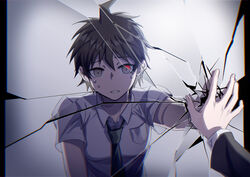  1boy ahoge breast_pocket broken_glass broken_mirror brown_hair collared_shirt commentary danganronpa_(series) danganronpa_2:_goodbye_despair danganronpa_3_(anime) different_reflection foreshortening furrowed_brow glass gradient_background green_necktie grey_background hinata_hajime long_sleeves looking_at_viewer male_focus mirror necktie pocket pov red_eyes reflection shirt short_hair short_sleeves tears teeth upper_body white_shirt ziling 