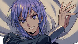  1boy androgynous asada_hachi bangs banned_artist cape commentary_request epaulettes fire_emblem fire_emblem:_three_houses floating_cape garreg_mach_monastery_uniform grin hair_between_eyes hand_up highres jacket long_sleeves looking_at_viewer male_focus medium_hair portrait purple_eyes purple_hair shiny shiny_hair simple_background smile solo twitter_username watermark white_background white_cape yuri_leclerc 