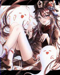  :d black_hat blush boo_tao_(genshin_impact) bright_pupils brown_coat brown_hair brown_shorts coat female flower flower-shaped_pupils genshin_impact ghost hair_between_eyes hat hat_flower hat_tassel highres hu_tao_(genshin_impact) letterboxed long_hair looking_at_viewer outside_border parted_lips red_eyes saksak_mocchiri shorts simple_background smile solo symbol-shaped_pupils twintails white_background white_pupils 