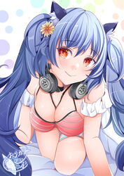  2020 animal_ear_fluff animal_ears ashigara_(azur_lane) ashigara_(kaleidoscopic_summer)_(azur_lane) azur_lane bikini black_choker blue_hair bra breasts choker criss-cross_halter female flower front-tie_bikini_top front-tie_top hair_flower hair_ornament halterneck headphones headphones_removed highres large_breasts mismatched_bikini multi-strapped_bikini official_alternate_costume origami_aya red_bra signature solo swimsuit thigh_strap underwear wolf_ears yellow_flower 