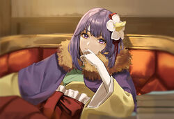  absurdres agatha_chris_q_outfit_(touhou) book bow closed_mouth couch dress female flower forbidden_scrollery gloves green_dress hair_flower hair_ornament hand_up hieda_no_akyuu highres japanese_clothes kimono long_sleeves looking_at_viewer multicolored_clothes multicolored_dress multicolored_kimono purple_eyes purple_hair red_bow red_dress red_kimono short_hair sitting smile solo touhou wall white_flower white_gloves wide_sleeves yellow_dress yellow_kimono yokujitsu 