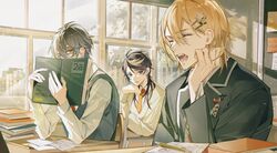  3boys book classroom collared_shirt glasses hair_ornament hairclip highres ike_eveland indoors long_hair luca_kaneshiro medium_hair multicolored_hair multiple_boys neru_(jojo86080879) nijisanji nijisanji_en open_mouth paper pen school_uniform shirt short_hair shu_yamino two-tone_hair virtual_youtuber window 