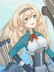  arrow_(projectile) black_gloves blonde_hair blue_eyes bow_(weapon) female flower gloves hair_between_eyes hairband holding holding_bow_(weapon) holding_weapon kamoku_nagi kantai_collection long_hair long_sleeves neck_ribbon open_mouth quiver red_flower red_ribbon red_rose ribbon rose smile solo tiara upper_body victorious_(kancolle) weapon 