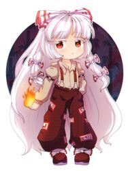  baggy_pants bamboo bamboo_forest buttons chibi circle dungeon_toaster female fire forest fujiwara_no_mokou full_body hair_ribbon highres imperishable_night long_hair looking_to_the_side nature night night_sky orange_eyes overalls pants red_footwear red_pants ribbon shirt sky sleeve_cuffs solo tomboy touhou very_long_hair white_background white_hair white_shirt 