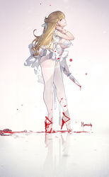  ass blonde_hair blood blood_on_weapon blood_splatter breasts chinese_commentary commentary covered_nipples dk.senie dripping earrings english_text female fingernails full_body hair_ribbon high_heels highres holding holding_knife holding_weapon injury jewelry knife leotard long_hair medium_breasts original pantyhose parted_lips photoshop_(medium) profile red_eyes reflection ribbon solo weapon white_leotard white_pantyhose 