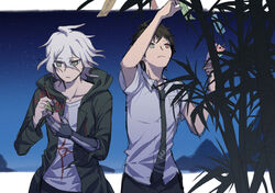  2boys ahoge arm_up brown_eyes brown_hair collarbone commentary cowboy_shot danganronpa_(series) danganronpa_2:_goodbye_despair frown green_necktie grey_hair hanging_from_tree heterochromia hinata_hajime holding holding_pen hood hood_down hooded_coat hoodie jacket komaeda_nagito letterboxed long_sleeves male_focus mechanical_arms multiple_boys necktie night pen print_shirt red_eyes shirt short_hair single_mechanical_arm tanabata tree white_hair white_shirt writing ziling 