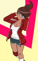  arms_behind_head asahina_aoi bandaid bandaid_on_knee bandaid_on_leg blue_eyes breasts brown_hair cleavage collarbone commentary danganronpa:_trigger_happy_havoc danganronpa_(series) dark-skinned_female dark_skin feet_out_of_frame female hair_ornament hairclip hands_up jacket kneehighs komatsuzaki_rui_(style) ktokei_(kurokku-tokei) large_breasts long_sleeves looking_at_viewer multicolored_background official_style open_clothes open_jacket ponytail red_jacket shirt short_hair short_shorts shorts smile socks solo white_shirt white_socks 