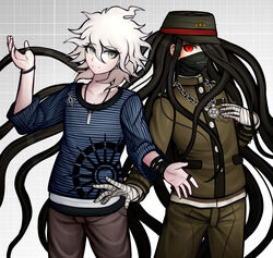  2boys absurdly_long_hair amami_rantarou amami_rantarou_(cosplay) bandaged_hands bandages black_hair brown_jacket brown_pants commentary cosplay covered_mouth danganronpa_(series) danganronpa_2:_goodbye_despair gradient gradient_background green_headwear grey_background grey_hair hair_over_one_eye hand_on_own_chest hand_up hat horizontal_stripes jacket jewelry kamukura_izuru komaeda_nagito ktokei_(kurokku-tokei) long_hair long_sleeves looking_at_viewer male_focus mask messy_hair mouth_mask multiple_boys necklace official_style pale_skin pants peaked_cap pendant red_eyes shinguuji_korekiyo shinguuji_korekiyo_(cosplay) shirt smile striped striped_shirt thumb_ring very_long_hair white_hair 