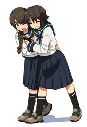  2girls adapted_costume alternate_sleeve_length black_hair black_socks blue_neckerchief blue_sailor_collar blue_skirt braid brown_eyes brown_hair brown_neckerchief closed_eyes commentary grin hug kantai_collection kozou_(rifa) long_hair long_skirt long_sleeves miyuki_(kancolle) multiple_girls neckerchief one_eye_closed pleated_skirt sailor_collar school_uniform serafuku short_hair simple_background single_braid skirt smile socks uranami_(kancolle) white_background 