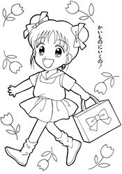  bag bed_sheet boots bow bowtie coloring_book eyebrows eyelashes female flower fushigi_yuugi greyscale hairbow handbag happy highres lolicon looking_at_viewer monochrome open_mouth short_sleeves simple_background skirt sleeveless smile solo tongue translated twintails walking white_background yoshizumi_wataru yuuki_miaka 