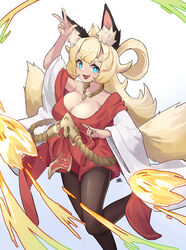  +_+ absurdres animal_ear_fluff animal_ears aoaoaoao_(baiyanheibing) blonde_hair blue_eyes breasts brown_pantyhose cleavage dress female fox_ears fox_girl fox_shadow_puppet fox_tail hair_rings highres inaho_(world_flipper) large_breasts long_hair multiple_tails oerba_yun_fang off-shoulder_dress off_shoulder open_mouth pantyhose rope smile solo tail v wide_sleeves world_flipper 