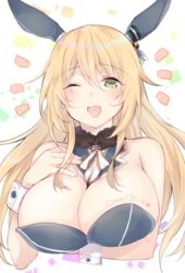  animal_ears arm_under_breasts atago_(kancolle) blonde_hair blue_leotard blush breasts cleavage cropped_torso fake_animal_ears female fur_collar green_eyes hair_between_eyes kantai_collection large_breasts leotard long_hair one-hour_drawing_challenge one_eye_closed open_mouth playboy_bunny protected_link rabbit_ears ribbon_between_breasts saiki_yuzuri simple_background solo twitter_username upper_body wrist_cuffs 