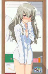  ada_badguy anchovy_(girls_und_panzer) blush breasts cleavage collared_shirt embarrassed female girls_und_panzer grey_hair hair_down highres long_hair mirror naked_shirt no_pants partially_unbuttoned red_eyes reflection shirt solo thighs white_shirt 