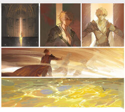  armor blonde_hair cape chinese_commentary collage commentary_request derrick_berg door dusk ghost indoors looking_at_viewer lord_of_the_mysteries nayannayan ocean opening_door outdoors pauldrons shaded_face shadow shirt short_hair shoulder_armor sunlight water white_shirt yellow_eyes 