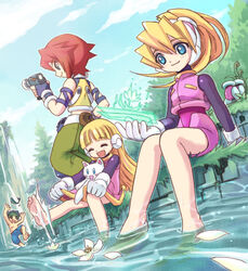  1boy 3girls :d ^_^ alouette_(mega_man) android barefoot blonde_hair blue_eyes blue_shorts blue_sky blunt_bangs blush ciel_(mega_man) closed_eyes closed_mouth cloud day dress dutch_angle feet fingerless_gloves fish flower gloves green_pants hair_between_eyes happy headgear helmet high_ponytail lolicon long_hair mega_man_(series) mega_man_zero_(series) mega_man_zero_4 menart_(mega_man) multiple_girls nasu_(roda_de_estrela) neige_(mega_man) open_mouth orange_hair outdoors pants petals ponytail robot_ears shoes short_hair shorts sitting skirt sky smile soaking_feet soles spiked_hair standing stuffed_animal stuffed_cat stuffed_toy toes topless_male unworn_shoes water white_flower white_gloves 