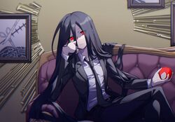  1boy apple arm_support black_hair black_jacket black_necktie black_pants closed_mouth collared_shirt couch crossed_legs danganronpa_(series) danganronpa_2:_goodbye_despair feet_out_of_frame food formal fruit hand_up holding holding_food holding_fruit indoors jacket kamukura_izuru long_hair long_sleeves looking_at_viewer male_focus necktie open_clothes open_jacket pants red_apple red_eyes shirt sitting solo spoilers very_long_hair white_shirt ziling 