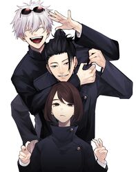  2boys :d ^_^ accelerando black_eyes black_hair black_jacket brown_eyes closed_eyes closed_mouth double_v ear_piercing eyewear_on_head female gakuran getou_suguru gojou_satoru hair_bun hair_pulled_back hand_up hands_up high_collar highres ieiri_shoko jacket jujutsu_kaisen long_sleeves looking_at_viewer mole mole_under_eye multiple_boys open_mouth piercing round_eyewear school_uniform short_hair simple_background single_hair_bun smile sunglasses swept_bangs teeth upper_body v white_background white_hair 