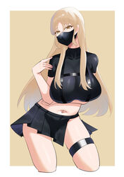  absurdres alternate_costume arm_under_breasts black_mask black_shirt black_skirt blonde_hair border breasts brown_eyes chest_harness covered_collarbone crop_top cropped_legs cropped_shirt female half-skirt harness highres large_breasts leaning_forward long_hair looking_at_viewer mask miniskirt mouth_mask navel nijisanji official_alternate_costume outside_border parted_bangs shirt short_sleeves simple_background sister_claire sister_claire_(9th_costume) skindentation skirt solo t-shirt thigh_strap very_long_hair virtual_youtuber white_border yellow_background zhait007 