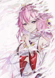  absurdres animal_ears detached_sleeves female finger_to_mouth genshin_impact hair_between_eyes hand_up highres japanese_clothes long_sleeves looking_at_viewer nontraditional_miko parted_lips pink_eyes pink_hair ribbon-trimmed_sleeves ribbon_trim saksak_mocchiri shushing simple_background smile solo upper_body wide_sleeves yae_miko 