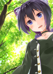  animal_ear_fluff animal_ears animare black_choker black_jacket black_shirt blush choker collarbone dappled_sunlight female from_below haibara_akane highres jacket long_sleeves looking_at_viewer nanashi_inc. outdoors purple_eyes purple_hair red_panda_ears sch shirt short_hair smile solo sunlight tree virtual_youtuber 