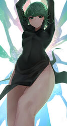  arms_up black_dress breasts commentary_request dress female green_eyes green_hair highres long_sleeves looking_at_viewer medium_breasts one-punch_man senju_(snz0) short_hair solo tatsumaki thighs 