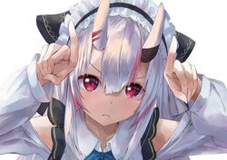  :&lt; blue_neckwear closed_mouth collared_shirt commentary female hair_between_eyes hair_ribbon highres hololive horns horns_pose konkito long_hair looking_at_viewer maid_headdress multicolored_hair nakiri_ayame nakiri_ayame_(girly) official_alternate_costume oni red_eyes red_hair ribbon shirt simple_background skin-covered_horns solo streaked_hair two-tone_hair upper_body v-shaped_eyebrows virtual_youtuber white_background white_hair white_shirt wing_collar 