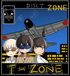  3girls absurdres aircraft airplane black_hair blonde_hair bokukawauso cityscape cover disco-zone highres kantai_collection kasuga_maru_(kancolle) long_hair looking_at_viewer multiple_girls o-zone_(group) parody shin&#039;you_(kancolle) subprocedure sunglasses taiyou_(kancolle) un&#039;you_(kancolle) upper_body vehicle_focus yawata_maru_(kancolle) 