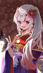  alternate_costume alternate_hairstyle female flower gradient_hair grey_hair hair_between_eyes hair_flower hair_ornament highres hololive horns japanese_clothes kimono long_hair looking_at_viewer multicolored_hair nakiri_ayame nakiri_ayame_(new_year) namaonpa oerba_yun_fang open_mouth ponytail red_eyes red_hair skin-covered_horns solo streaked_hair umbrella v virtual_youtuber 