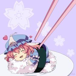  bad_id bad_pixiv_id blue_kimono blush_stickers cherry_blossoms chopsticks female food frilled_kimono frills hat heart highres japanese_clothes kimono long_sleeves lunamoon_(style) mini_person minigirl mob_cap pink_hair plate remyfive saigyouji_yuyuko short_hair sushi touhou triangular_headpiece wavy_hair wide_sleeves 