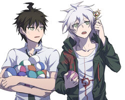  2boys ahoge brown_eyes brown_hair collarbone collared_shirt commentary crossed_arms danganronpa_(series) danganronpa_2:_goodbye_despair gashapon green_eyes green_jacket grey_hair grey_shirt hair_between_eyes hand_up hinata_hajime holding holding_key hood hooded_jacket jacket key komaeda_nagito long_sleeves looking_at_another looking_up male_focus medium_hair multiple_boys open_clothes open_mouth print_shirt shaded_face shirt short_hair simple_background sweatdrop teeth too_many upper_body upper_teeth_only white_background ziling 