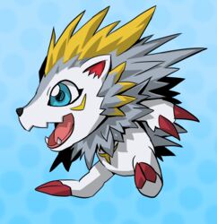  ambiguous_gender bandai_namco black_nose blue_background blue_eyes claws digimon digimon_(species) eulipotyphlan feral grey_body herissmon mammal markings open_mouth red_claws simple_background solo spikes teeth toe_claws white_body yellow_body yellow_markings 