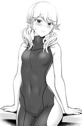  alice_gear_aegis aoki_kanji bare_arms bare_shoulders blush bodysuit breasts covered_navel cowboy_shot female greyscale kotomura_akane looking_at_viewer low_twintails monochrome simple_background sitting small_breasts solo twintails white_background 