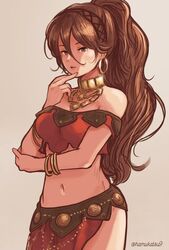  bracelet breasts brown_hair closed_mouth crop_top dancer earrings female jewelry long_hair looking_at_viewer ma-hain-scarlet midriff mole mole_under_mouth navel necklace octopath_traveler octopath_traveler_i ponytail primrose_azelhart simple_background solo 