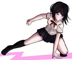  arm_support black_eyes black_footwear black_hair black_skirt black_socks blue_eyes blush bow bowtie breasts closed_mouth collared_shirt commentary danganronpa:_trigger_happy_havoc danganronpa_(series) female full_body hand_tattoo hand_up ikusaba_mukuro kneehighs komatsuzaki_rui_(style) ktokei_(kurokku-tokei) legs_apart loafers miniskirt neck_ribbon official_style pleated_skirt red_bow red_bowtie red_ribbon ribbon school_uniform shirt shoes short_hair short_sleeves simple_background skirt socks solo tattoo white_background white_shirt 