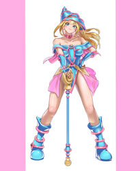  absurdres bare_shoulders blonde_hair blue_footwear blue_hat blush_stickers boots breasts choker dark_magician_girl duel_monster female full_body green_eyes hair_between_eyes hat highres holding holding_wand large_breasts long_hair looking_at_viewer pink_background quwrofsk8 showgirl_skirt smile solo staff two-tone_background wand white_background wizard_hat yu-gi-oh! 